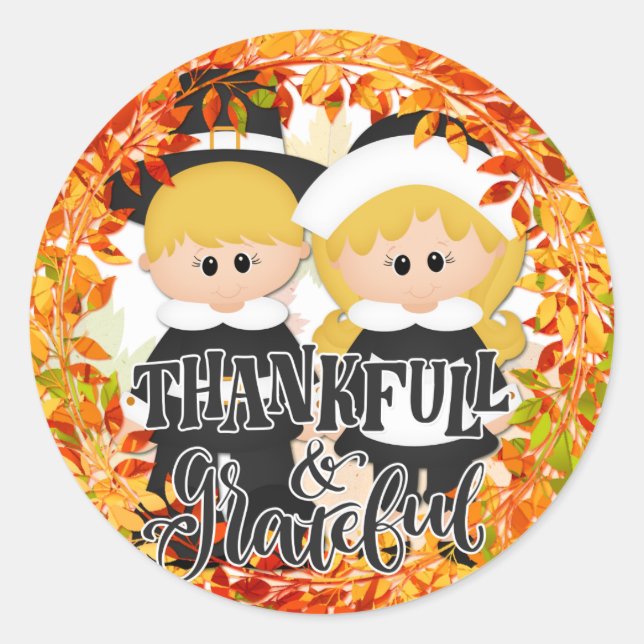 Sticker Rond Couple de pèlerins - Merci et gracieux (Devant)