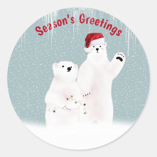 Sticker Rond Couple d'ours polaire de Noël avec des flocons de  (Devant)
