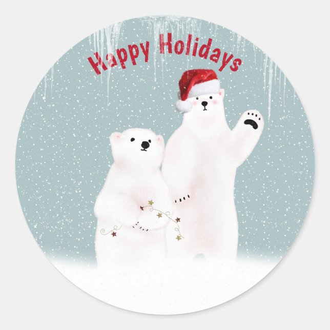 Sticker Rond Couple d'ours polaire de Noël avec des flocons de  (Devant)