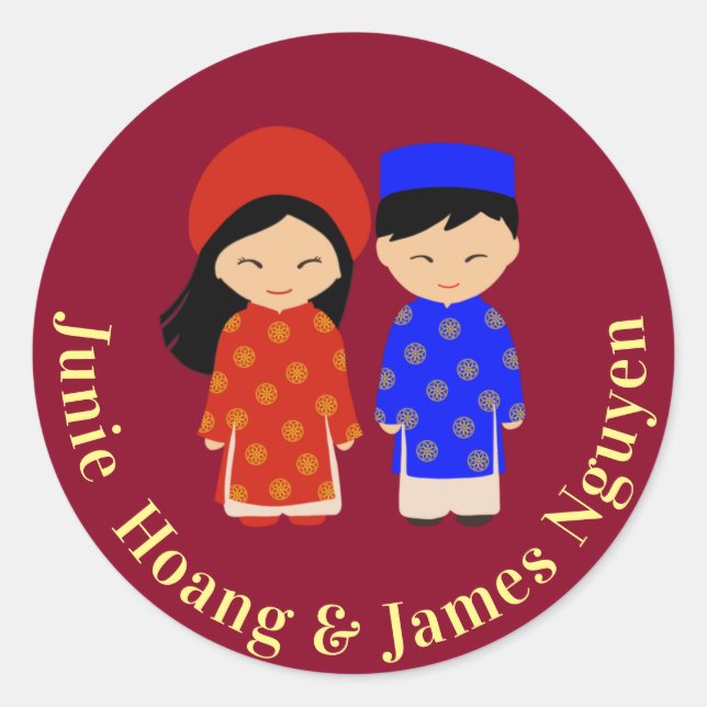 Sticker Rond Couple Mariage traditionnel vietnamien Ao Dai (Devant)
