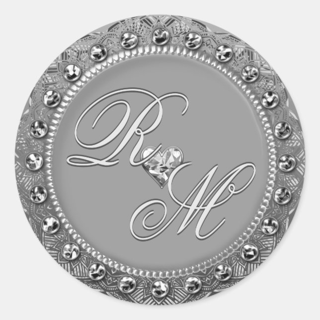 Sticker Rond Couples personnalisés Monogramme Sear Silver (Devant)