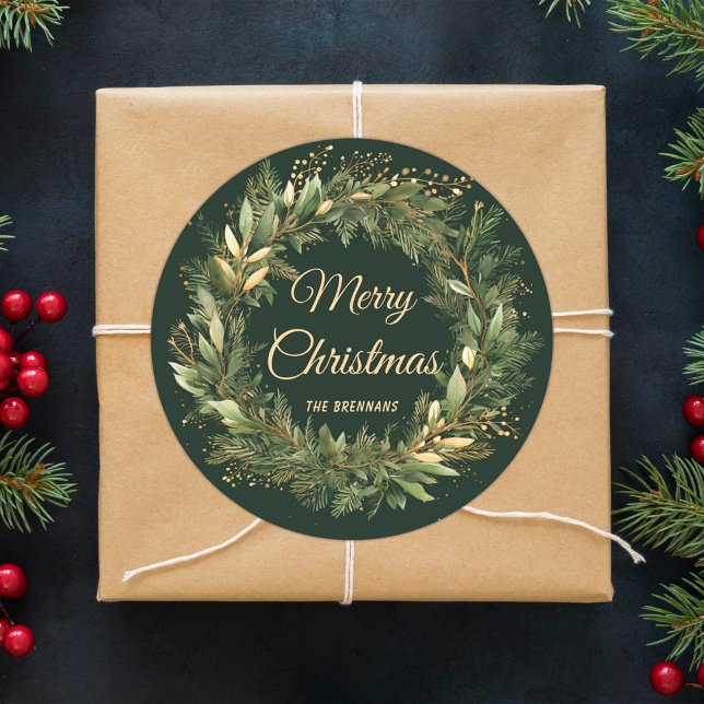 Sticker Rond Courbe de Noël Elégant Festive Vert Botanique (Christmas Wreath Elegant Festive Green Botanical Classic Round Sticker)