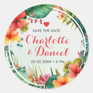 Sticker Rond Courbe florale topique Enregistrer La Date MAR