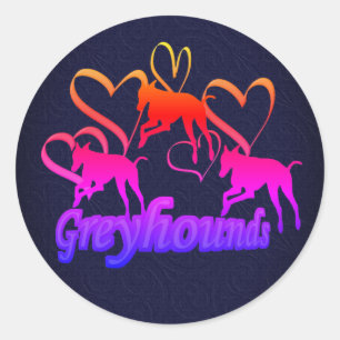 Sticker Rond Courir Greyhounds Coeurs Chien Arc-en-ciel