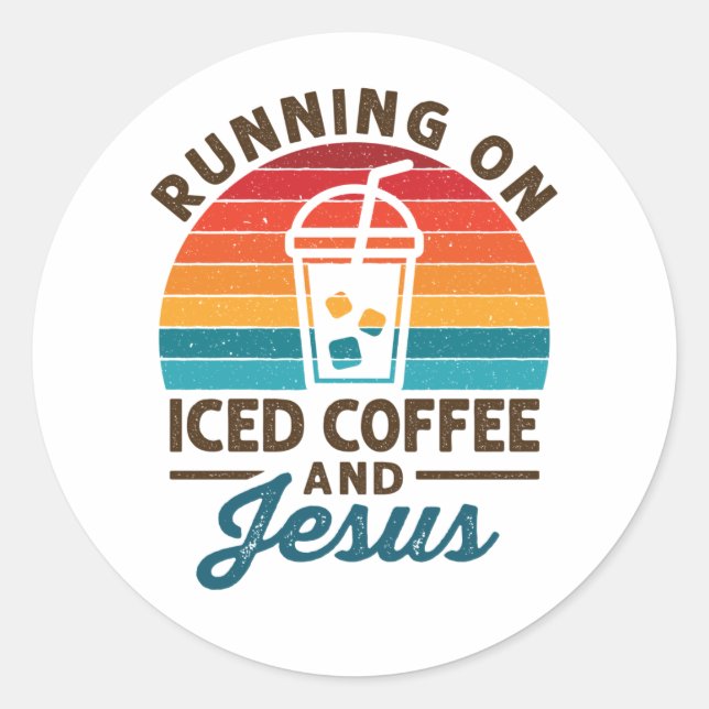 Sticker Rond Courir sur le café glacé et Jesus Retro (Devant)