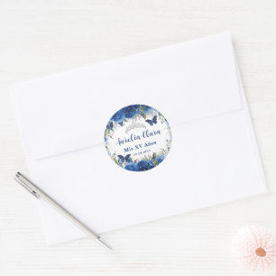 Sticker Rond Couronne argent papillons roses florales bleu roya