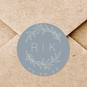 Sticker Rond Couronne botanique d'art de ligne bleue Monogramme