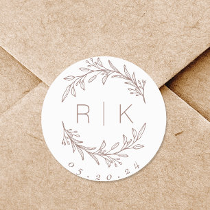 Sticker Rond Couronne botanique d'art de ligne rose Monogramme
