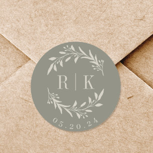 Sticker Rond Couronne botanique de sauge rustique Monogramme de