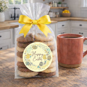 Sticker Rond Couronne colorée d'oeufs de Joyful Chicks et salut