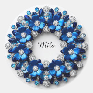 Sticker Rond Couronne de diamants floraux bleus élégants