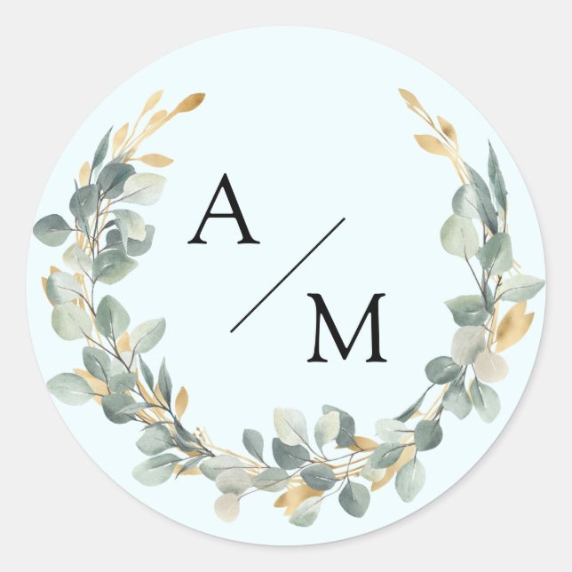 Sticker Rond Couronne de eucalyptus élégante avec monogramme (Devant)