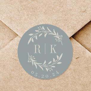Sticker Rond Couronne de feuillage élégant Monogramme de mariag