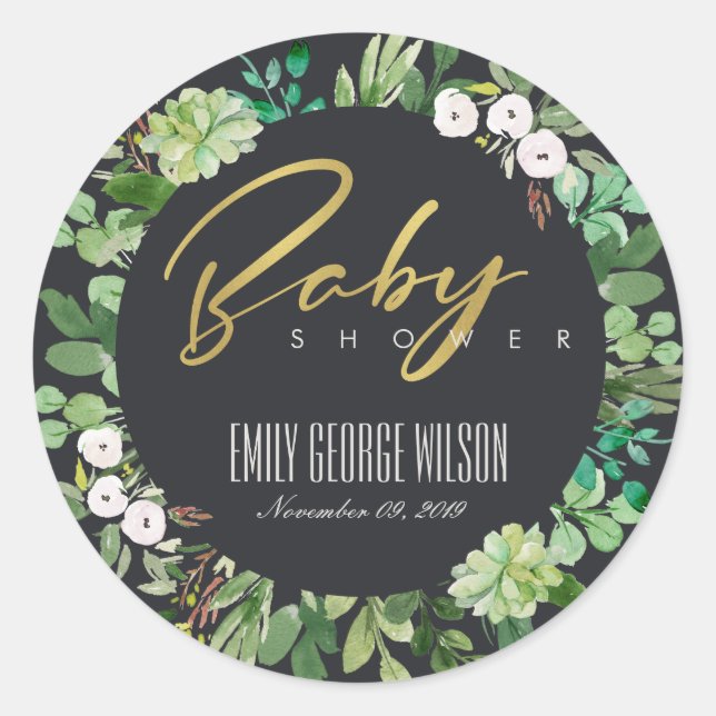 STICKER ROND COURONNE DE FEUILLES SUCCULENTES AQUARELLE BABY SH (Devant)
