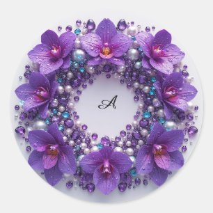 Sticker Rond Couronne de fleurs d'orchidée violette décorée de 