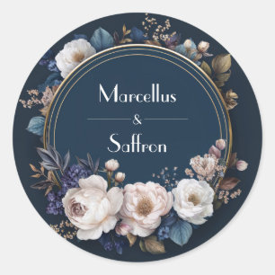 Sticker Rond Couronne de fleurs mariage Navy Crème Or Humeur