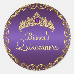 Sticker Rond Couronne de gemmes or et violet Quinceanera Autoco