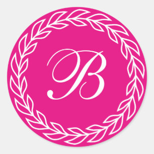 Sticker Rond Couronne de laurier rose Fuchsia avec monogramme p