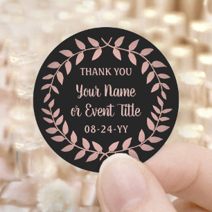 Sticker Rond Couronne de laurier simple noir et rose Merci