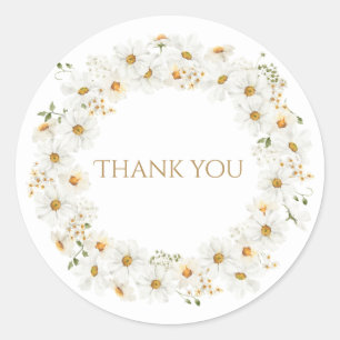 Sticker Rond Couronne de marguerites blanches aquarelle merci