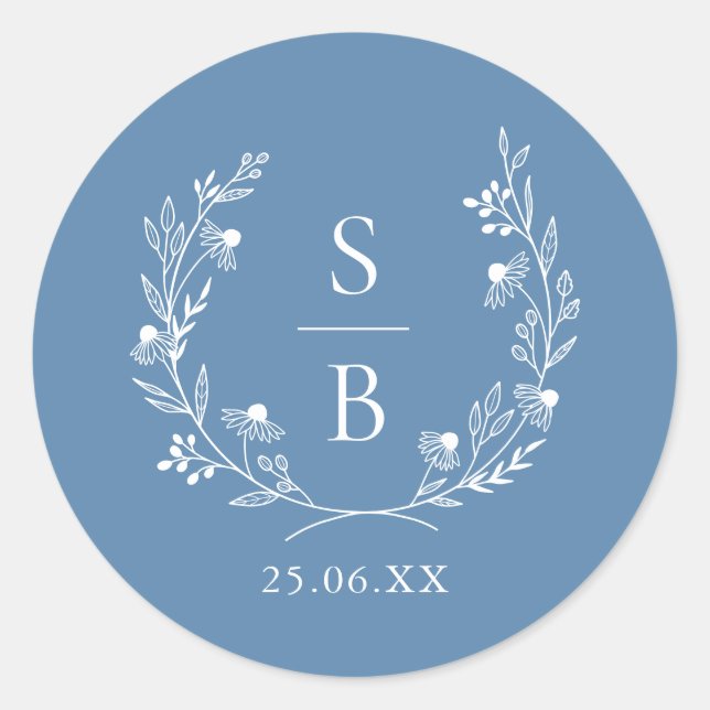 Sticker Rond Couronne de mariage en monogramme botanique bleu r (Devant)