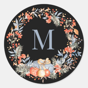 Sticker Rond Couronne de monogramme élégant bleu poussiéreux mo