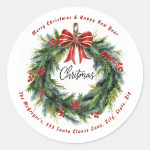 Sticker Rond Couronne de Noël Adresse de Retour Vintage
