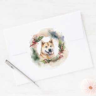 Sticker Rond Couronne de Noël Akita Chien de fête
