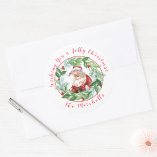 Sticker Rond Couronne de Noël aquarelle Vintage Santa NOM