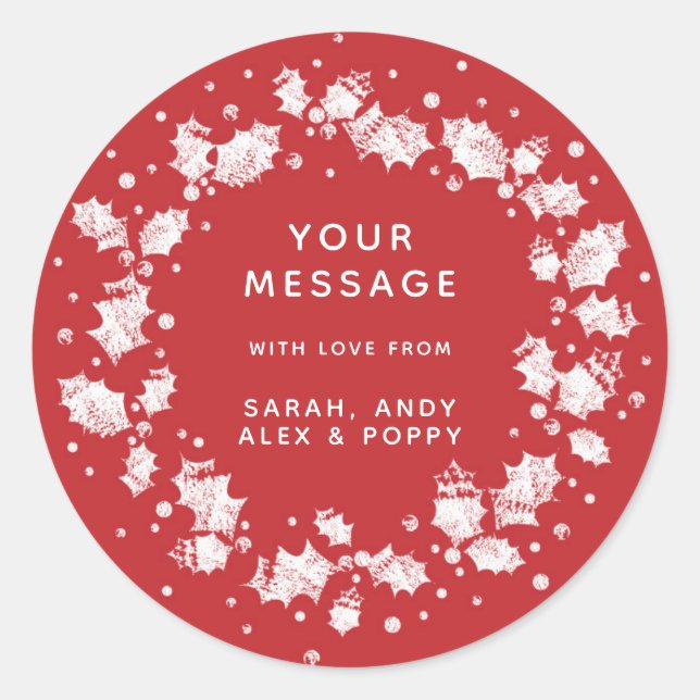 Sticker Rond Couronne de Noël au houx sur fond rouge élégant av (Devant)