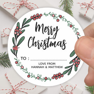 Sticker Rond Couronne de Noël aux Baies Rouges Mignonnes