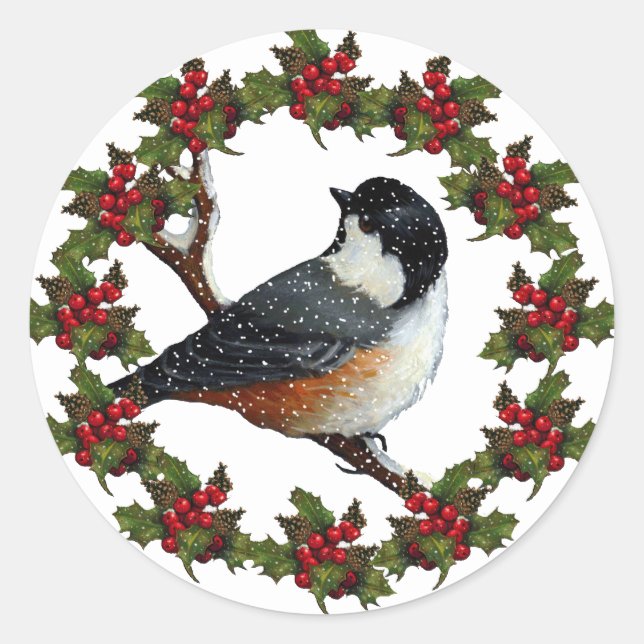 Sticker Rond Couronne de Noël avec chickadee : Art original (Devant)