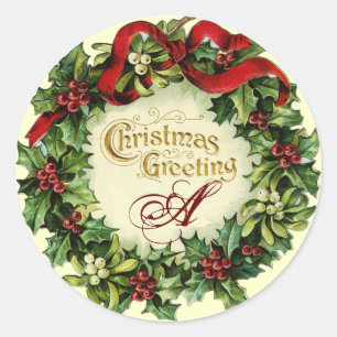 STICKER ROND COURONNE DE NOËL AVEC DES GUIS ET DES BAIES DE