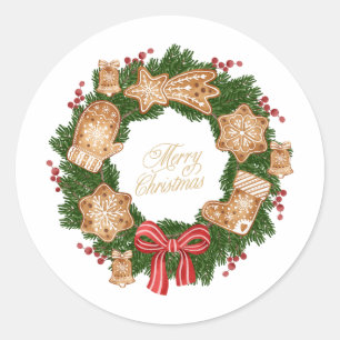 Sticker Rond Couronne de Noël avec pain d'épices Cookies, baies