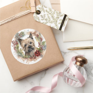 Sticker Rond Couronne de Noël de Terrier Cairn Chien festif