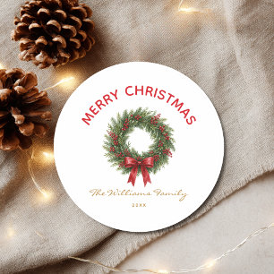 Sticker Rond Couronne de Noël élégante Ruban rouge