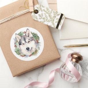 Sticker Rond Couronne de Noël festive avec Husky sibérien