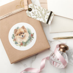 Sticker Rond Couronne de Noël festive de Pomeranian
