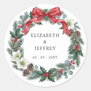 Sticker Rond Couronne de Noël florale ruban rouge pour mariage