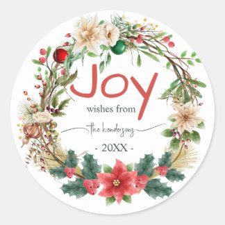 Sticker Rond Couronne de Noël  Joie Rouge Typographie Rustique 