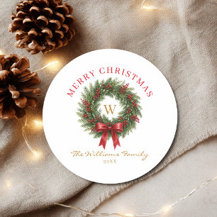 Sticker Rond Couronne de Noël Monogramme Ruban Rouge