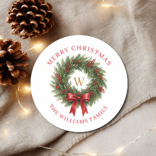 Sticker Rond Couronne de Noël Monogramme Ruban Rouge