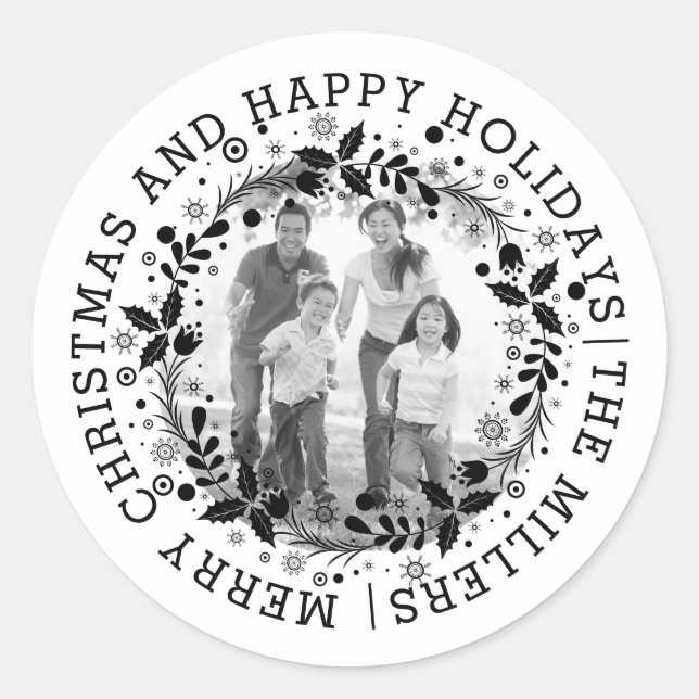 Sticker Rond Couronne de Noël noir et blanc et photo (Devant)
