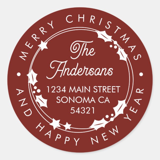 Sticker Rond Couronne de Noël personnalisée avec adresse en rou (Devant)