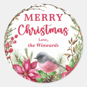 Sticker Rond Couronne de Noël rose Robin Poinsettia Hiver