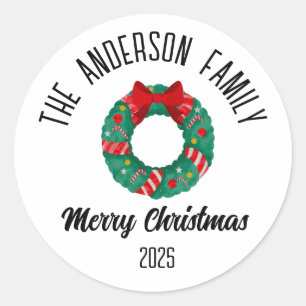 Sticker Rond Couronne de Noël Ruban Rouge Lumières Nom Personna