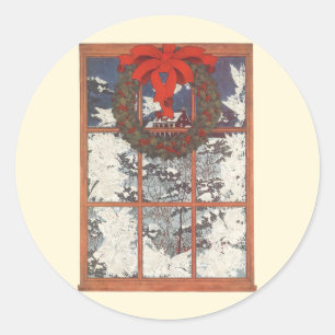 Sticker Rond Couronne de Noël vintage dans une fenêtre avec de