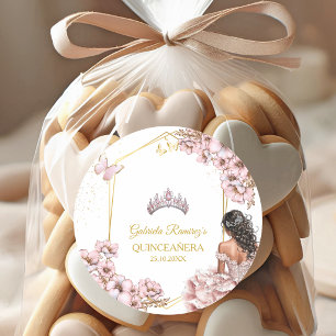 Sticker Rond Couronne de papillon de Tiara dorée rose Quinceañe