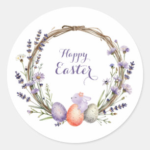 Sticker Rond Couronne de Pâques à l'aquarelle Lavande Œufs Lapi