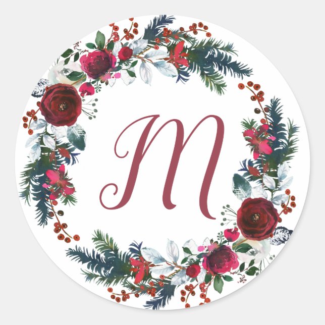 Sticker Rond Couronne de pin bordeaux fleurie de Noël monogramm (Devant)